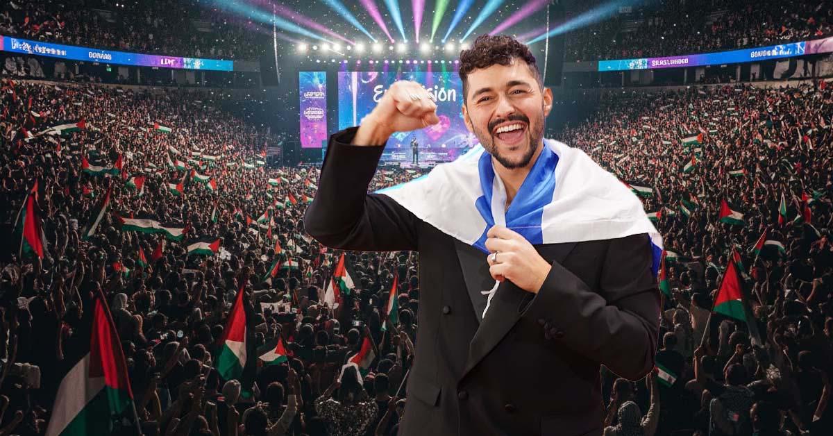 נועם בתן נציג ישראל מול דגלי פלסטין באולם האירוויזיון AI